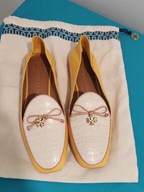 Tory Burch Yellow and White Croc-Embossed Leather Loafers